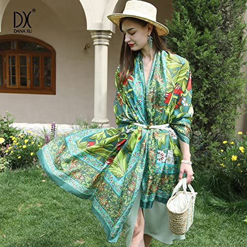 100% Mulberry Extra Large Silk Pashmina Scarf Shawls And Wraps For Women Evening Dress Summer Travel Floral Blanket - color: Emerald Bloom Harmony