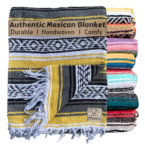 Del Mex Classic Mexican Blanket, Large Authentic Woven Falsa Throw (70"x50"), Artisan Southwest Décor for Beach, Yoga, Outdoors (Yellow) - color: Yellow