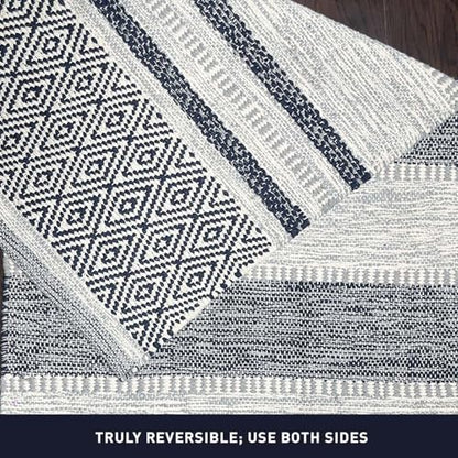 Farmhouse Rug Runner 2x6 feet Grey & Navy | Recycled Cotton Hand Woven Rug, Long Boho Rug | Perfect for Hallways, Kitchens, Bathroom, bedrooms, Meditation Yoga Mat - color: Grey-navy Blue, size: 5' x 6' (Runner)