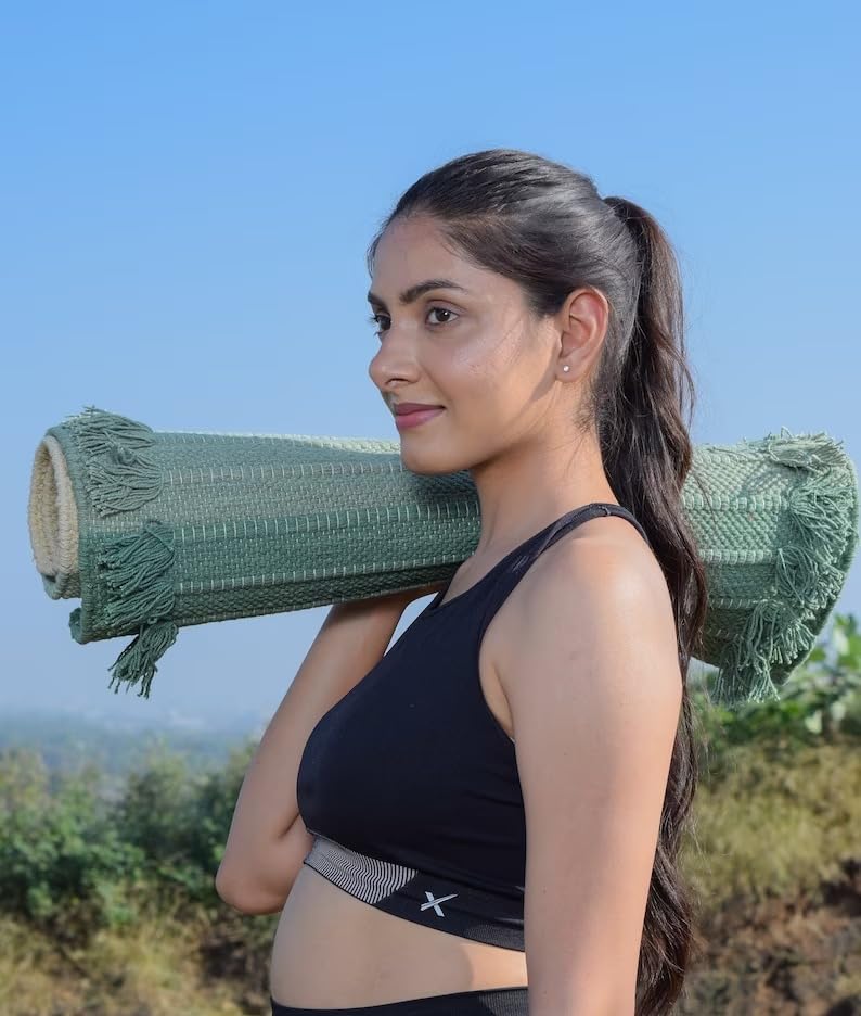 Indian Handmade100 % Organic Anti Skid Multi Colour Cotton Yoga Mat - Eco-Friendly Hand-Woven Rug - Non-Slip & Thick (24”x72”x5mm) for Hot yoga & Everyday Fitness at Home - Comfortable & Foldable Extra-Long Mat - color: Multi 1