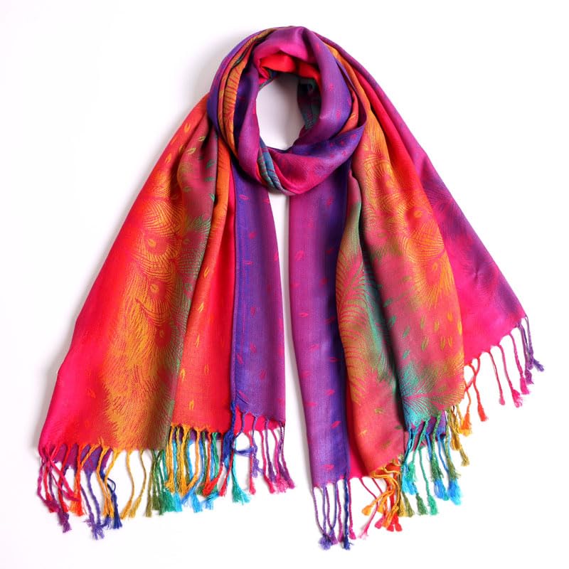 SmilerSmile Colorful Scarf Wraps for Womens Tassel Shawl Wrap - color: 02-peacock/Hotpink