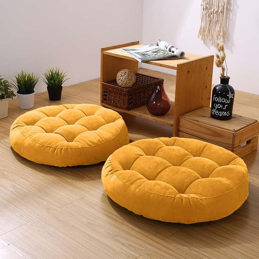 Meditation Floor Pillow Set of 2 Large Round Floor Cushions for Adults Tufted Corduroy Floor Seat Pillows Cushion for Living Room Tatami Yoga,Yellow 22x22 Inch - color: Yellow, size: 22"Lx22"Wx5"H