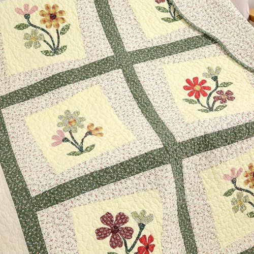 vctops 100% Cotton Quilted Throw Blanket 50x60 Inch Floral Embroidered Reversible Patchwork All Season Throw (Green A,50"x60") - color: Green a