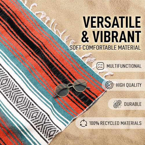 Hydration Nation Authentic Large Handwoven Mexican Blanket - Soft Yoga - Durable Serape - Lightweight Falsa, Beach, Camping, Picnic, Outdoor 70"x50" - Mandarin - color: Mandarin
