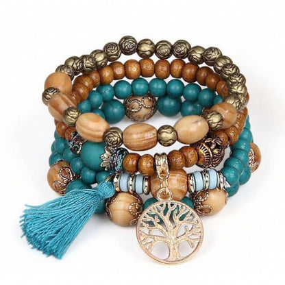 Bohemian Layered Wood Bead Bracelet Set, Elastic Stackable Bracelets with Tree of Life Charm & Tassel - color: malachite green
