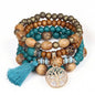 Bohemian Layered Wood Bead Bracelet Set, Elastic Stackable Bracelets with Tree of Life Charm & Tassel - color: malachite green
