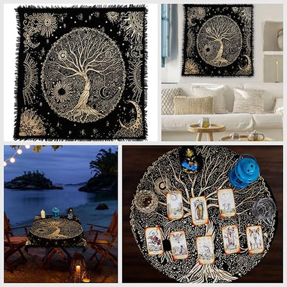 Indian Consigners Tree of Life Altar Cloth Tapestry Tablecloth Celtic Trees Ritual Spiritual Cloth for Sacred Places, Cotton Square Tarot Table Cover 24 by 24 Sacred - color: Golden Celestical Dry Tree, size: 24" x 24" (Square)