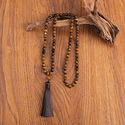 108 Mala Prayer Beads Necklace 8mm Natural Stones Meditation Yoga Jewelry Sets 108 Hand Made Japa Mala Beaded Long Tassel Necklace with Tassel Pendant for Men and Women - color: Yellow Tiger Eye+Black Onyx