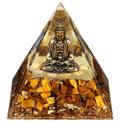 FENGSHUI-CAISHEN Guan Yin Statue in Healing Crystal Organite Pyramid - Quan Yin, Kwanyin, Quan Am, Kuanyin, Guanyin Statue for Meditation Altar, Kwanyin, Female Buddha, Goddess of Mercy - color: Yellow