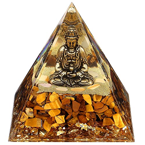FENGSHUI-CAISHEN Guan Yin Statue in Healing Crystal Organite Pyramid - Quan Yin, Kwanyin, Quan Am, Kuanyin, Guanyin Statue for Meditation Altar, Kwanyin, Female Buddha, Goddess of Mercy - color: Yellow