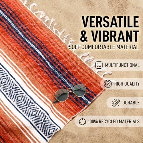 Authentic Large Handwoven Mexican Blanket - Soft Yoga- Durable Serape- Lightweight Falsa, Beach, Camping, Picnic, Outdoor Blanket 70"x50" - Orange Gold - color: Orange Gold