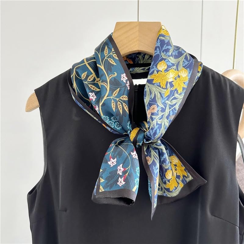 100% Silk Scarf for Women 59”*6.3” Long Shawls for Headscarf and Neck- Oblong Hair Wraps with Gift Packed - color: Floral-navy Blue