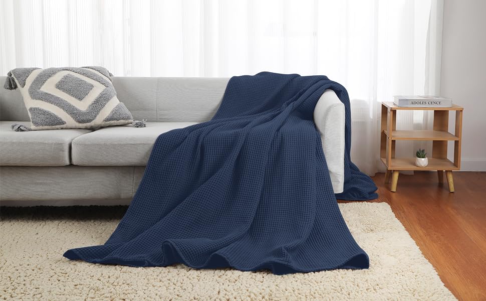 100% Cotton Waffle Blanket (Navy Blue - Twin Size - 66 * 90''), Pre-Washed and Anti-Shrinkage Soft Lightweight Bed & Couch Blanket, 380 GSM Waffle Weave Throw Blanket for All Seasons - color: Navy Blue, size: Twin (66"*90")