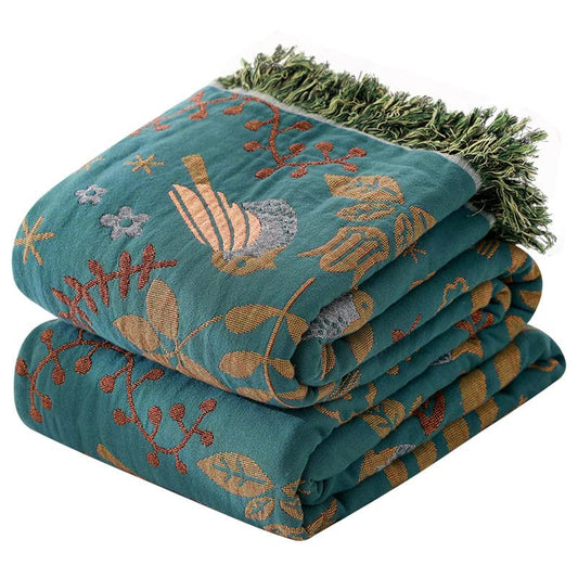Boho Throw Blanket for Bed 80”x90”, 100% Cotton Woven Blanket for Couch Sofa, Ultra Soft 4-Layer Muslin Quilt with Bird Floral Printed, Farmhouse Bed Blanket/Cover for Living Room Decor - color: F - Bird, size: 80“ X 90”