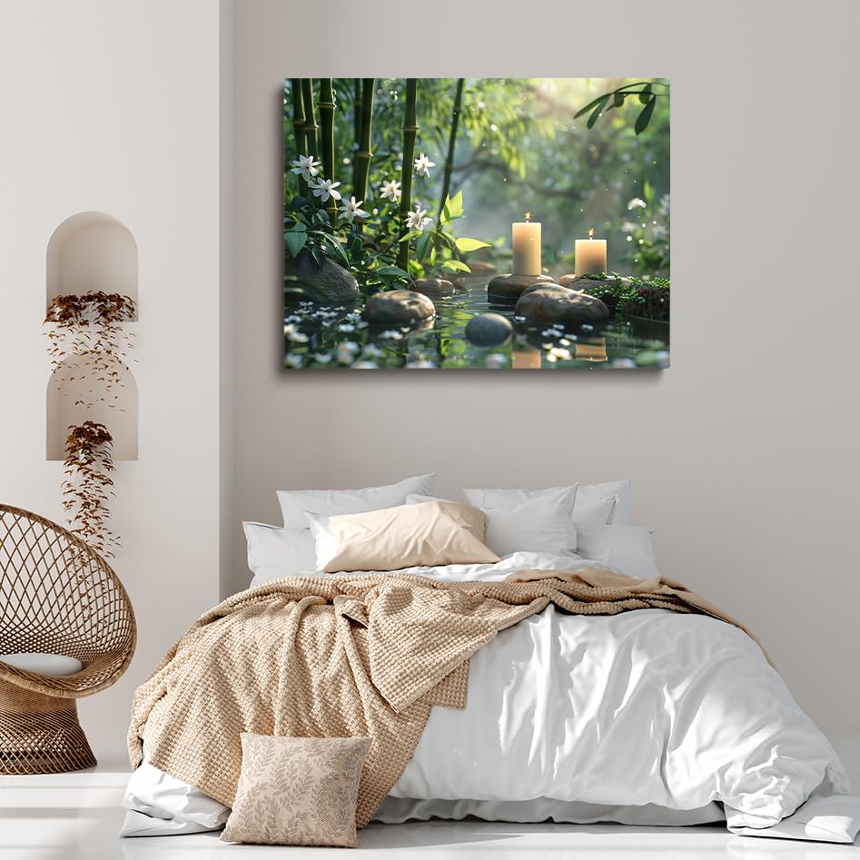 Generic Zen canvas wall art Stacked pebbles and green bamboo candle painting meditation spiritual poster Relaxing spa Room decorated with modern bathroom office decor 11x14in Unframed