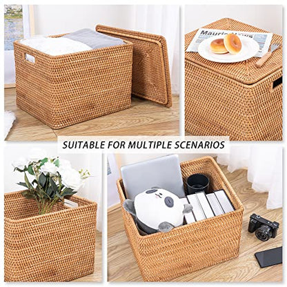 Rattan Basket With Lid, Large Lidded Basket For Storage(15.7" L×13"W×11.8"H) - size: 15.7"×13"×11.8"