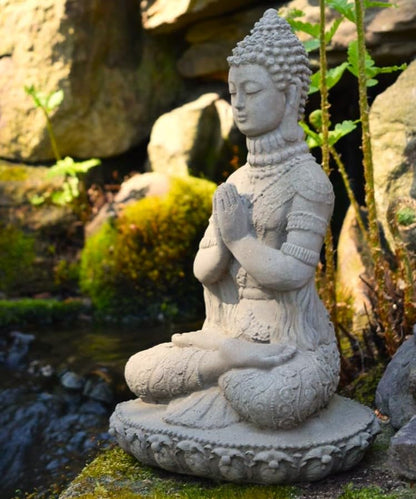 Praying Buddha Statue: Durable Solid Stone Sculpture with Aged Texture. Unique Home Décor, Garden Accent. Sealed for Outdoors. Handcrafted USA. (Antique/Gray)