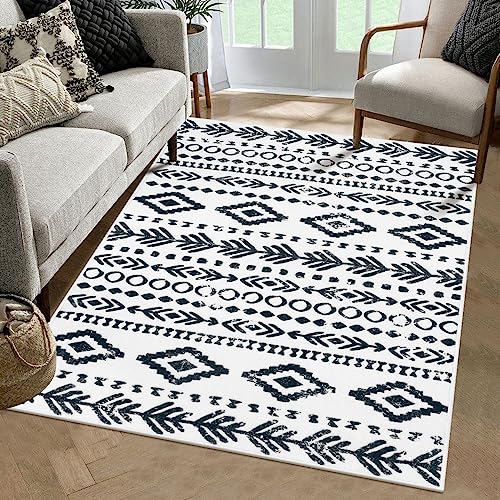 Lahome Area Rugs 4x6 Living Room, Washable Non Slip Soft White Rug, Low Pile Moroccan Tribal Print Boho Front Door Rugs, Non Skid Rubber Backed Carpet for Bedroom Play Room Office Nursery Varena - color: White/Black, size: 4' x 6'