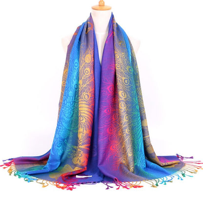 SmilerSmile Colorful Scarf Wraps for Womens Tassel Shawl Wrap - color: 01-peacock Feather/Royalblue