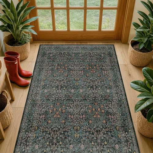 Vintage Floral Dark Green 3x5 Area Rugs for Entryway, Kitchen, Bedroom Beside Rug, Laundry Room, Non-Slip Low Pile Ultra Soft Stain Resistant Small Carpet - color: Dark Green / Black, size: 3' x 5' (Rectangular)