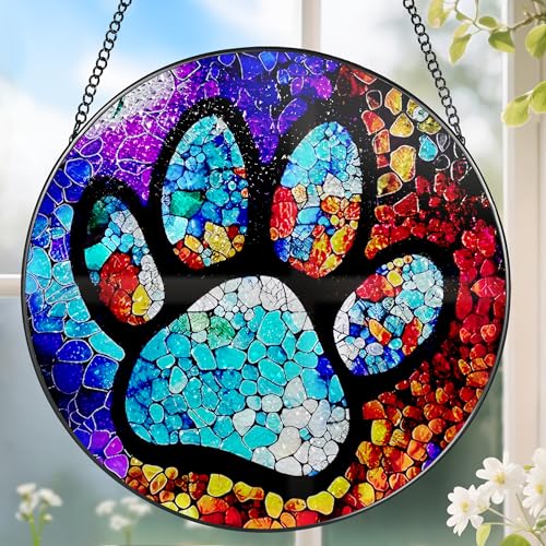 Stained Glass Window Hanging, DOUHASU Pet Memorial Suncatcher Ornament, Dog Memorial Gifts for Loss of Dog, Pet Lovers Gifts, Thoughtful Dogs and Cats Remembrance, Bereavement Gift - color: Pet Paw