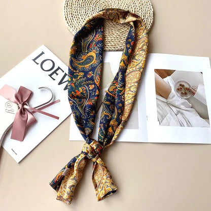 ANDANTINO 100% Silk Scarf for Women 59”*6.3” Long Shawls for Headscarf and Neck- Oblong Hair Wraps with Gift Packed - color: Gold&navy Paisley