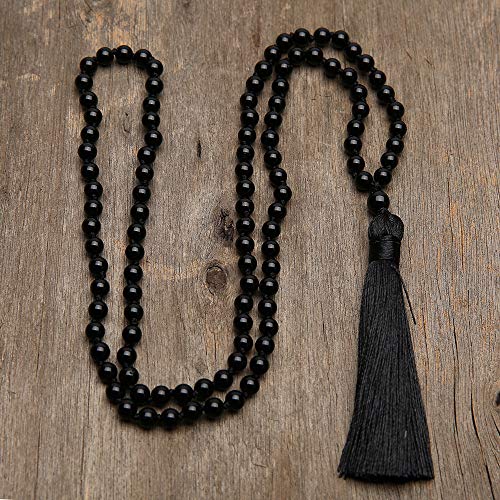 8MM Beads Chakra Long Mala Necklace Natural Stone Meditation Statement Necklace Japa Yoga Buddhist Rosary Prayer Charm Beaded Tassel Necklace - color: Black Agate
