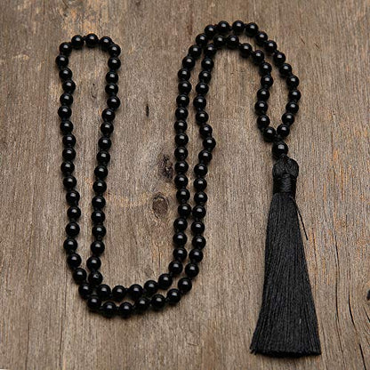 8MM Beads Chakra Long Mala Necklace Natural Stone Meditation Statement Necklace Japa Yoga Buddhist Rosary Prayer Charm Beaded Tassel Necklace - color: Black Agate