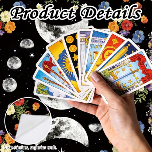 Tarot Altar Cloth Black Tablecloth Flowers and Lunar Phases Print Card Table Tablecloth with Velvet Tarot Card Bag for Reading Rituals Crystals Spiritual Divination Witchcraft Supplies - color: Flowers and Lunar