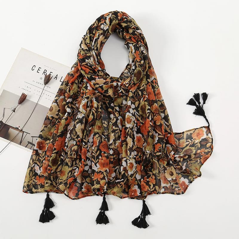 YOUR SMILE Large Boho Scarf for Women Lightweight Floral Printed Scarves Fall Winter Fashion Fringed Shawl wraps - color: 39