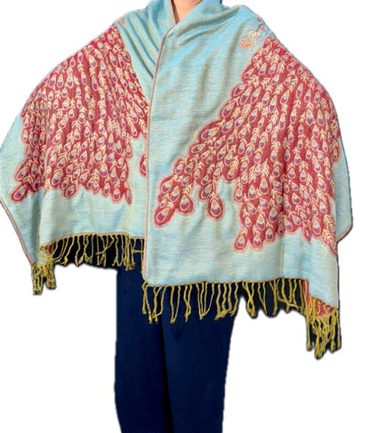 Boho LUXURY Wool Prayer Shawl Large Reversible Pashmina Blue Red metallic gold Peacock Silk Scarf nyc Travel Blanket Winter YOGA Wraps Elegant Meditation blanket Bohemian unisex in Autumn PREMIUM wrap