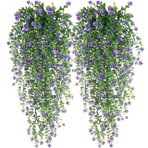 WEISPARK Artificial Hanging Flowers, 4pcs Fake Eucalyptus Vine Faux Flower Greenery Garland Plastic Plants for Indoor Outdoor Wall Garden Wedding Home Party Decor (Purple) - color: Purple-4pcs