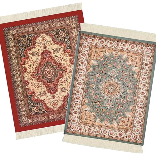 2 Pack Rug Mouse Pad, Persian Carpet Style Vintage Bohemian Coaster Oriental Rug Mouse Mat Table Décor for Office Home, Length 10.6 inch x Width 7 inch - color: Tassel