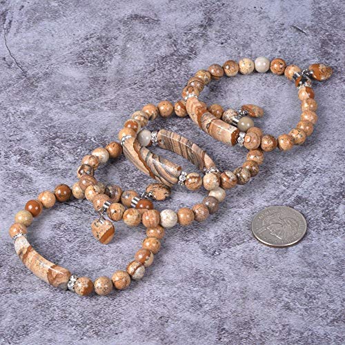 Justinstones Gem Semi Precious Gemstone Love Heart Charm Stretch Beaded Bracelet Unisex - color: Picture jasper
