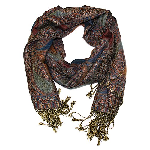 Falari Women's Reversible Paisley Pashmina Shawl Wrap Scarf For Evening Dresses Festivals Any Occasions All Seasons 80"x27" - color: Style 2 - Brown Navy