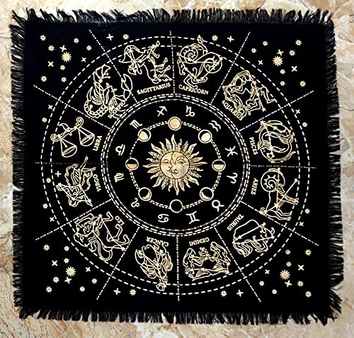 INDACORIFY Golden Zodiac Constellation Altar Table Top Cloth with Fringes Alter Tarot Witchcraft Spread Witchery Supplies Table Cloth 18x18 in (Golden Zodiac Constellation) - color: Golden Zodiac Constellation