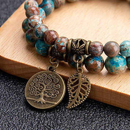 Bivei Natural Semi Precious Gemstone beads bracelet for women - Life Tree and Leaf Charm Energy Reiki Crystal Stretch Bracelets - color: Sea Sediment Bracelet Set, size: Small:6.61-6.7inch
