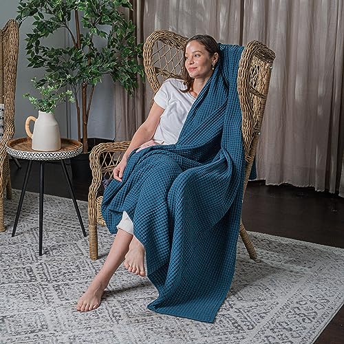 Comfy Cubs 100% Cotton Waffle Weave Throw Blanket Breathable Skin-Friendly Soft Lightweight Blankets - Perfect Warm Textured Blanket Layer - Size for Couch Bed & Sofa (Neptune, 50" X 60") - color: Neptune, size: 50" X 60"