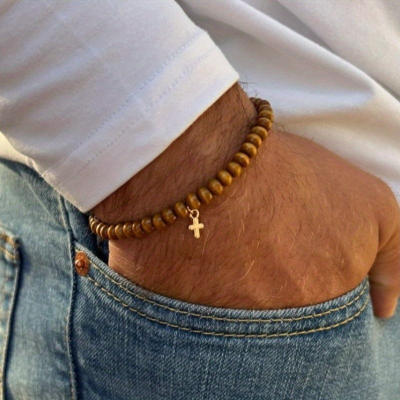 Puka Shell Bracelet for Men Wooden Bracelets Turquoise Stack Beaded Minimalist Trendy Jewelry for Friend Gift - style: 3pcs-Cross
