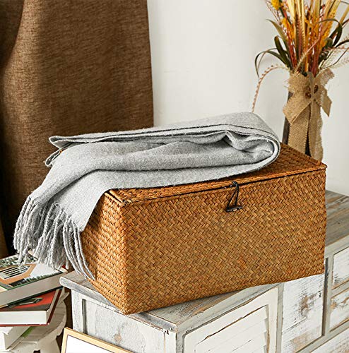 Rectangular Handwoven Seagrass Storage Basket with Lid for Shelves and Home Organizer Bin, (M (12"x7"x6"H), Natural) - size: M (12"x7"x6"H)
