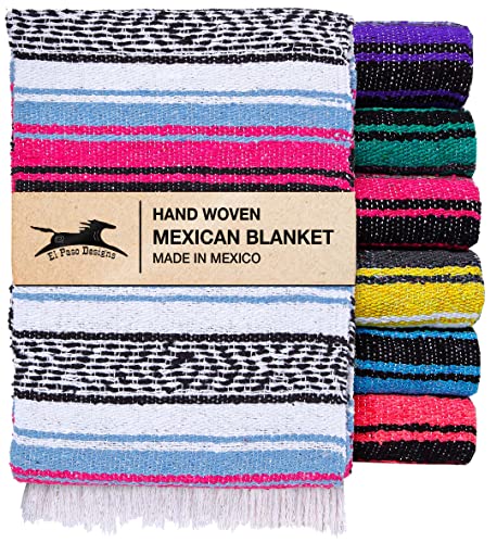 El Paso Designs Mexican Yoga Blanket – Colorful Falsa Serape Throw for Yoga, Beach, Picnic, Saddle, or Home Décor – Soft Woven Boho Blanket (Pink and Blue) - color: Pink and Blue
