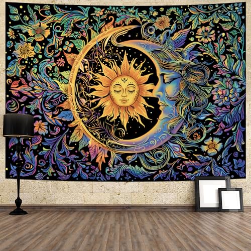 Sun and Moon Tapestry Psychedelic Mystic Floral Tapestry Hippie Boho Flower Plants Wall Tapestries Vintage Aesthetic Tapestries Wall Hanging for Bedroom