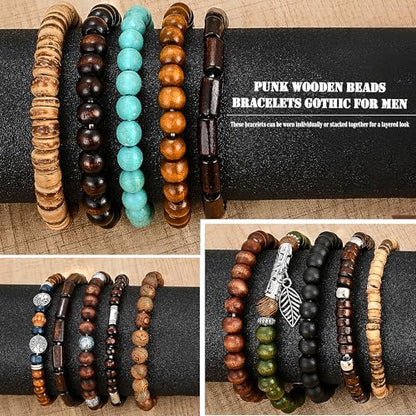 31 Pcs Wooden Beads Bracelets Set for Women Men Multi-Layered Wood Metal Wristbands Elastic Stretch Bohemian Bangle Bracelet Stack Adjustable