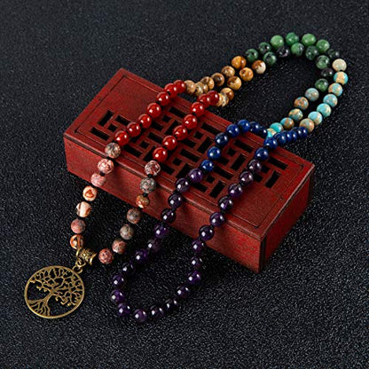 Bivei 7 Chakra 108 Mala Beads Bracelet Real Gemstone Yoga Meditation Hand Knotted Mala Prayer Bead Necklace - size: 6mm, style: beaded, traditional, 7-chakra, tree of life