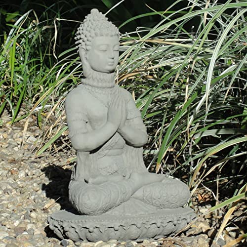 Praying Buddha Statue: Durable Solid Stone Sculpture with Aged Texture. Unique Home Décor, Garden Accent. Sealed for Outdoors. Handcrafted USA. (Antique/Gray)