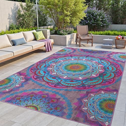 Meditation Indoor Outdoor Rug 4x6 ft Mandala Pattern Rug Boho Style,Yoga Meditation Mat Picnic Rug for Patio Living Room Porch Garden Deck Backyard Easy to Clean Non Shedding Non-Slip