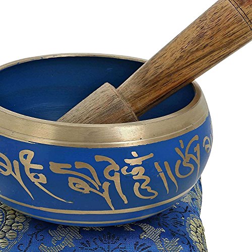 Relaxing Yoga Meditation Buddhist Tibetan Singing Bowl Set Blue With Mallet | Cushion | Pillow - color: blue