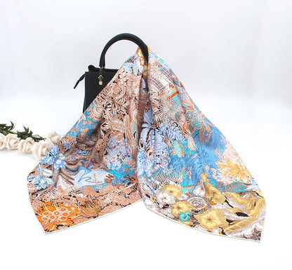 ANDANTINO 100% Pure Mulberry Silk Scarf 35" Large Square Lightweight Headscarf –Women’s Hair Wraps-With Gift Packed - color: Brown&blue-twill