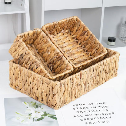 3 Pack Wicker Storage Basket, Natural Woven Water Hyacinth Storage Basket for Shelf Organizing