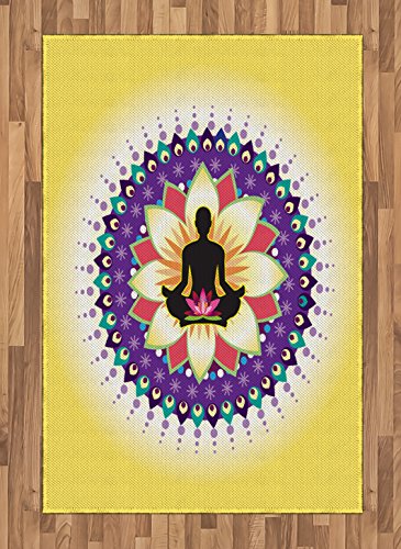 Ambesonne Yoga Area Rug, Round Circle for Yoga Lotus Sitting Posture Peaceful Mind Workout Print, Flat Woven Accent Rug for Living Room Bedroom Dining Room, 4' X 5' 7", Yellow Purple Black